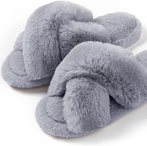 Memory Foam Cross Band Faux Fur Fuzzy Cozy Anti-Skid Slippers